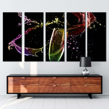 Load image into Gallery viewer, alcoholic drink canvas wall art champagne glass splash 5 piece multiple canvas colorful champagne canvas print
