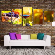 Load image into Gallery viewer, alcoholic drink canvas wall art colorful wine and grapes canvas print glass of wine at sunset multi canvas wine fruits vineyard 5 piece canvas For Living room
