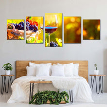 Load image into Gallery viewer, alcoholic drink canvas wall art colorful wine and grapes canvas print glass of wine at sunset multi canvas wine fruits vineyard 5 piece canvas In Bedroom
