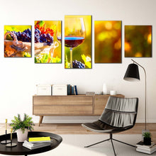 Load image into Gallery viewer, alcoholic drink canvas wall art colorful wine and grapes canvas print glass of wine at sunset multi canvas wine fruits vineyard 5 piece canvas In Living room
