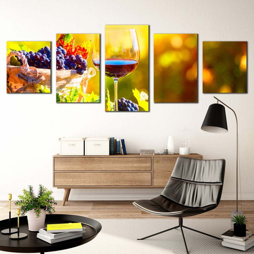 alcoholic drink canvas wall art colorful wine and grapes canvas print glass of wine at sunset multi canvas wine fruits vineyard 5 piece canvas In Living room