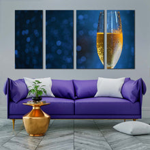 Load image into Gallery viewer, alcoholic drink canvas wall art yellow glass of champagne 4 piece multi canvas blue background elegant champagne glass canvas print For Living Room
