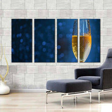 Load image into Gallery viewer, alcoholic drink canvas wall art yellow glass of champagne 4 piece multi canvas blue background elegant champagne glass canvas print In Living Room
