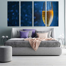 Load image into Gallery viewer, alcoholic drink canvas wall art yellow glass of champagne 4 piece multi canvas blue background elegant champagne glass canvas print For Bedroom
