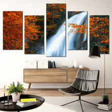 Load image into Gallery viewer, amazing waterfall canvas print beautiful orange trees waterfall scenery 5 piece canvas wall art fluid white waterfall forest canvas set In Living Room
