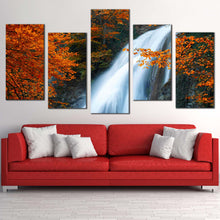 Load image into Gallery viewer, amazing waterfall canvas print beautiful orange trees waterfall scenery 5 piece canvas wall art fluid white waterfall forest canvas set For Living Room
