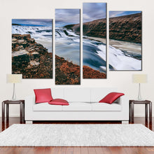 Load image into Gallery viewer, amazing waterfall canvas wall art blue gullfoss waterfall iceland 4 piece multi canvas artwork white hvita river canvas print in living room
