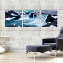 Load image into Gallery viewer, amazing  waterfall  canvas  wall  art  green  blue  northern  lights  waterfall  3  piece  canvas  beautiful  gofafoss  waterfall  skjalfandafljot  river  canvas  print In Living Room
