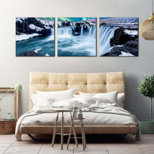 Load image into Gallery viewer, amazing  waterfall  canvas  wall  art  green  blue  northern  lights  waterfall  3  piece  canvas  beautiful  gofafoss  waterfall  skjalfandafljot  river  canvas  print For Bedroom
