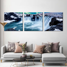 Load image into Gallery viewer, amazing  waterfall  canvas  wall  art  green  blue  northern  lights  waterfall  3  piece  canvas  beautiful  gofafoss  waterfall  skjalfandafljot  river  canvas  print For Living Room
