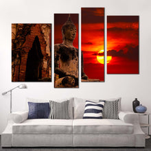 Load image into Gallery viewer, ancient temple canvas wall art cloudy red sky thailand buddha 4 piece canvas old brown buddha statue canvas print in living room
