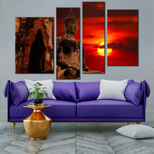 Load image into Gallery viewer, ancient temple canvas wall art cloudy red sky thailand buddha 4 piece canvas old brown buddha statue canvas print for living room
