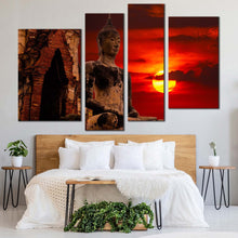 Load image into Gallery viewer, ancient temple canvas wall art cloudy red sky thailand buddha 4 piece canvas old brown buddha statue canvas print
