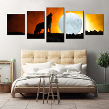 Load image into Gallery viewer, animal moon canvas wall art howling wolf white moon canvas print black wolf 5 piece multi canvas artwork In Bedroom
