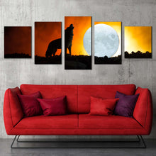 Load image into Gallery viewer, animal moon canvas wall art howling wolf white moon canvas print black wolf 5 piece multi canvas artwork For Living room
