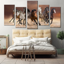 Load image into Gallery viewer, animal running canvas wall art white brown herd of horses canvas print brown horses running forward 5 piece multiple canvas In Bedroom
