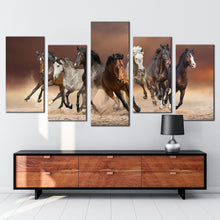 Load image into Gallery viewer, animal running canvas wall art white brown herd of horses canvas print brown horses running forward 5 piece multiple canvas 
