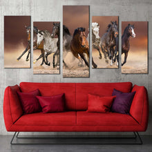 Load image into Gallery viewer, animal running canvas wall art white brown herd of horses canvas print brown horses running forward 5 piece multiple canvas For Living Room
