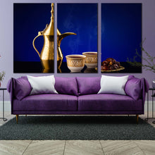 Load image into Gallery viewer, arabian coffee canvas print golden teapot coffee scene 3 piece canvas wall art white coffee cups triptych canvas set For Living Room
