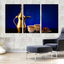 Load image into Gallery viewer, arabian coffee canvas print golden teapot coffee scene 3 piece canvas wall art white coffee cups triptych canvas set In Living Room
