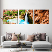 Load image into Gallery viewer, arizona  waterfall  canvas  wall  art  blue  grand  canyon  waterfall  3  piece  multi  canvas  artwork  brown  rock  havasu  falls  canvas  set In Living Room
