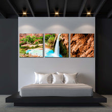 Load image into Gallery viewer, arizona  waterfall  canvas  wall  art  blue  grand  canyon  waterfall  3  piece  multi  canvas  artwork  brown  rock  havasu  falls  canvas  set For Bedroom
