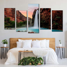 Load image into Gallery viewer, arizona waterfall canvas wall art green trees havasu falls 5 piece canvas set brown grand canyon waterfall canvas print In Bedroom
