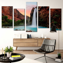 Load image into Gallery viewer, arizona waterfall canvas wall art green trees havasu falls 5 piece canvas set brown grand canyon waterfall canvas print For Your Living Room
