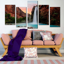 Load image into Gallery viewer, arizona waterfall canvas wall art green trees havasu falls 5 piece canvas set brown grand canyon waterfall canvas print For Living room
