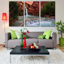 Load image into Gallery viewer, arizona waterfall canvas wall art white havasu falls 3 piece canvas set brown grand canyon waterfall nature triptych canvas print In Living Room
