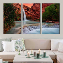 Load image into Gallery viewer, arizona waterfall canvas wall art white havasu falls 3 piece canvas set brown grand canyon waterfall nature triptych canvas print For Living Room
