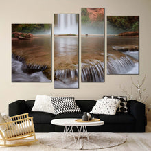 Load image into Gallery viewer, arizona waterfall canvas wall art white turquoise rainforest waterfall canvas print beautiful brown canyon mooney falls 4 piece canvas set in living room
