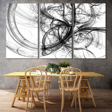 Load image into Gallery viewer, artistic abstract canvas wall art black abstract energy multi canvas artwork white abstract digital fractal art 3 piece canvas print In Dining Room
