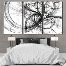 Load image into Gallery viewer, artistic abstract canvas wall art black abstract energy multi canvas artwork white abstract digital fractal art 3 piece canvas print In Bedroom
