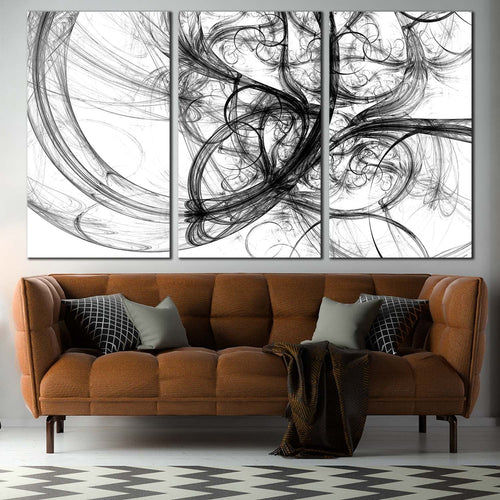 artistic abstract canvas wall art black abstract energy multi canvas artwork white abstract digital fractal art 3 piece canvas print For Living Room