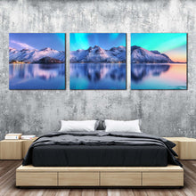 Load image into Gallery viewer, aurora  borealis  canvas  wall  art  northern  lights  white  mountain  ocean  multiple  canvas  blue  sky  lofoten  islands  sea  3  piece  canvas  print For Bedroom
