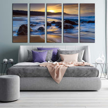 Load image into Gallery viewer, australia beach canvas wall art killcare beach in central coast 5 piece canvas yellow sunset ocean rocks canvas print beautiful blue ocean multi canvas For Bedroom
