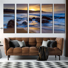 Load image into Gallery viewer, australia beach canvas wall art killcare beach in central coast 5 piece canvas yellow sunset ocean rocks canvas print beautiful blue ocean multi canvas For Living Room
