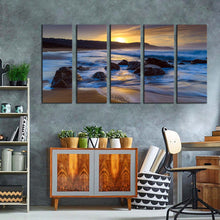 Load image into Gallery viewer, australia beach canvas wall art killcare beach in central coast 5 piece canvas yellow sunset ocean rocks canvas print beautiful blue ocean multi canvas
