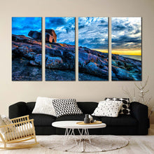 Load image into Gallery viewer, australia ocean canvas wall art blue sky ocean rocks 4 piece multi canvas artwork merimbula yellow sky ocean canvas print In Living room
