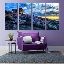 Load image into Gallery viewer, australia ocean canvas wall art blue sky ocean rocks 4 piece multi canvas artwork merimbula yellow sky ocean canvas print For Living room
