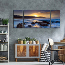 Load image into Gallery viewer, australia  ocean  canvas  wall  art  killcare  beach  blue  ocean  3  piece  canvas  print  yellow  sunset  ocean  rocks  triptych  multiple  canvas
