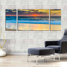 Load image into Gallery viewer, australia  ocean  canvas  wall  art  yellow  cloudy  sky  ocean  canvas  print  central  coast  blue  ocean  waves  3  piece  canvas  set In Living Room
