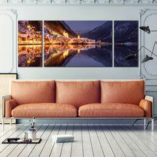 Load image into Gallery viewer, austria  hallstatt  mountains  lake  at  night  house  landscape  triptych  home  decoration  canvas  photography For Living Room
