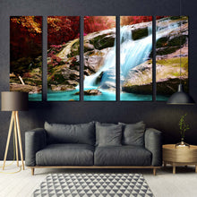 Load image into Gallery viewer, autumn forest canvas print beautiful blue water scenery canvas print inside orange trees nature waterfall 5 piece multi canvas In Living Room
