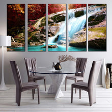 Load image into Gallery viewer, autumn forest canvas print beautiful blue water scenery canvas print inside orange trees nature waterfall 5 piece multi canvas For Dining Room
