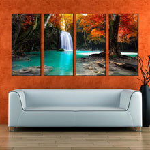 Load image into Gallery viewer, autumn forest canvas wall art blue waterfall in nature 4 piece canvas print orange red trees waterfall scenic canvas set In Living room
