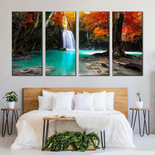 Load image into Gallery viewer, autumn forest canvas wall art blue waterfall in nature 4 piece canvas print orange red trees waterfall scenic canvas set For Your Bedroom
