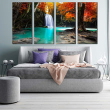 Load image into Gallery viewer, autumn forest canvas wall art blue waterfall in nature 4 piece canvas print orange red trees waterfall scenic canvas set For Bedroom
