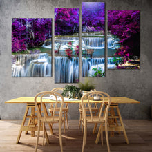 Load image into Gallery viewer, autumn forest canvas wall art thailand purple scenery waterfall 4 piece canvas print blue huay mae khamin waterfall multi canvas in living room
